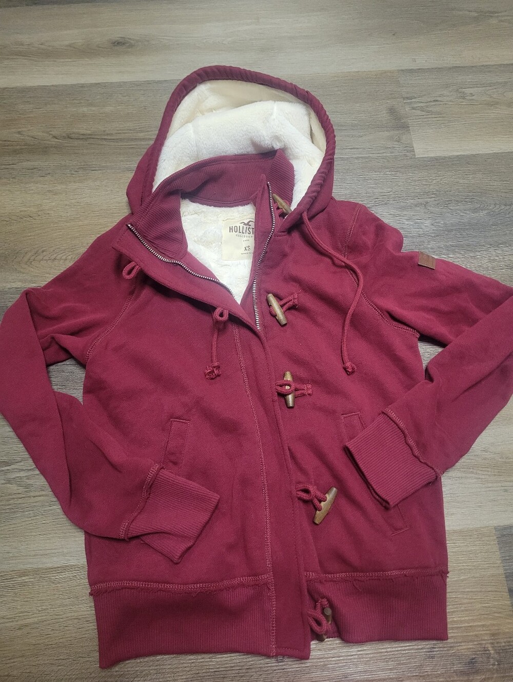 Hollister Women's Maroon Hooded Toggle Jacket